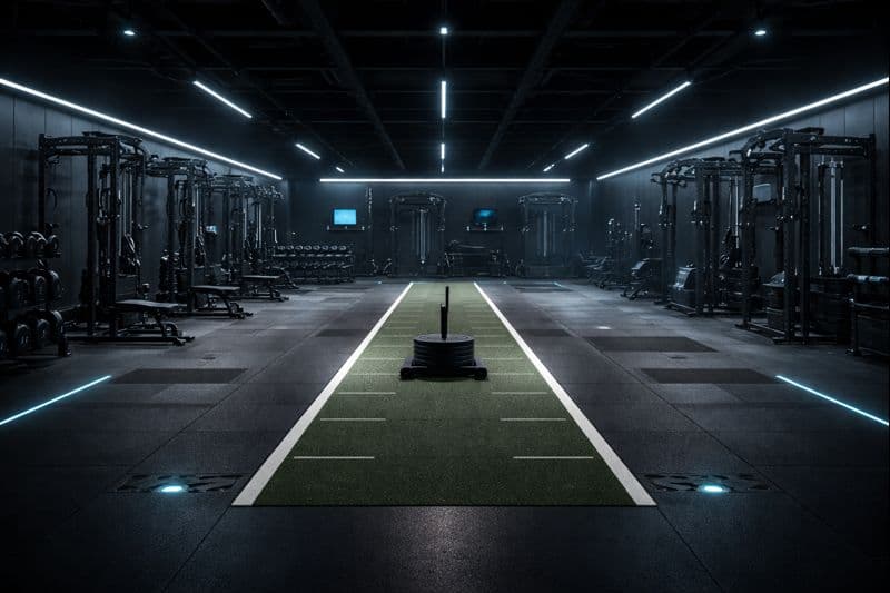 Area principal de treino com equipamentos de forca